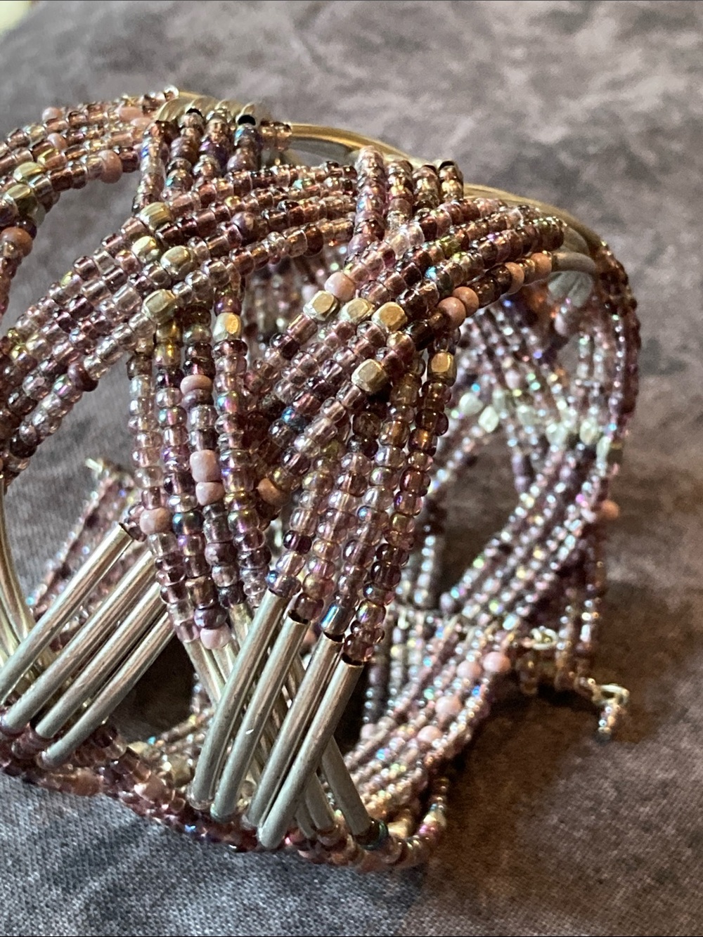 Beaded Multi-Strand Cuff Bracelet in Mauve & Silver Tone